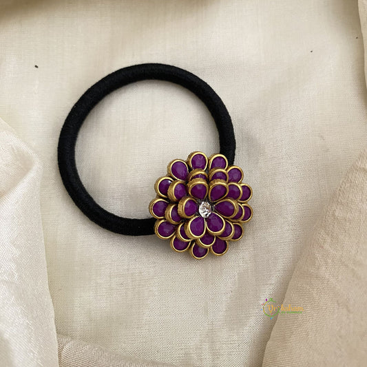 Purple Flower Kundan Pendant Rubber Band - H699