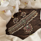 Vriksham Precious AD Stone High Neck Choker-Red Green-Rice Pearls-G15806