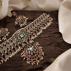 Vriksham Precious AD Stone High Neck Choker-Red Green-Rice Pearls-G15806