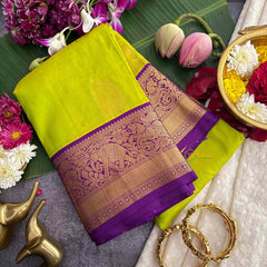 Vriksham Parrot Green Shade With Purple Gold Zari Korvai Pure Silk Saree-VS4982