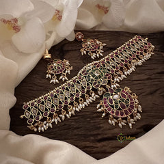 Vriksham Precious AD Stone High Neck Choker-Red Green-Rice Pearls-G15806