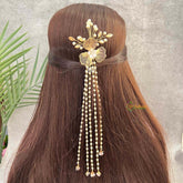 Vriksham Floral Handcrafted Pearl Beaded Hair Chain With Geometric Round Drops Clip Jad Bilai-G22067