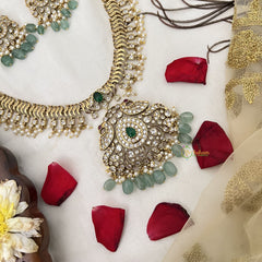 Vriksham Designer Dual Peacock Gold Plated Long Neckpiece-Aqua Green Bead-G19142