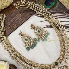 Vriksham Designer Dual Peacock Gold Plated Long Neckpiece-Aqua Green Bead-G19142