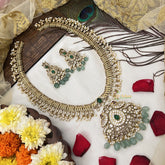 Vriksham Designer Dual Peacock Gold Plated Long Neckpiece-Aqua Green Bead-G19142