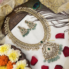 Vriksham Designer Dual Peacock Gold Plated Long Neckpiece-Aqua Green Bead-G19142