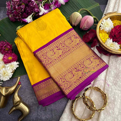 Vriksham Amber Yellow Shade With Maroon Gold Zari Korvai Pure Silk Saree-VS4979