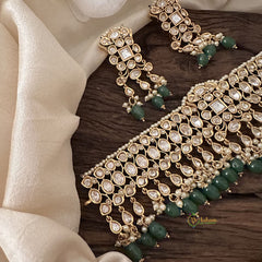 Vriksham Designer White AD Stone High Neck Choker-Pastel Green Bead-G15799