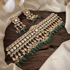 Vriksham Designer White AD Stone High Neck Choker-Pastel Green Bead-G15799