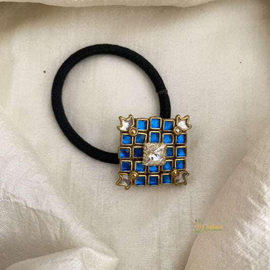 Blue, White Kundan Pendant Rubber Band - Diamond - H707