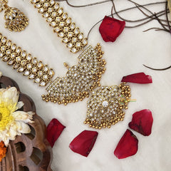 Vriksham Designer Gold Plated White Kundan Long Neckpiece-Gold Bead-G19151