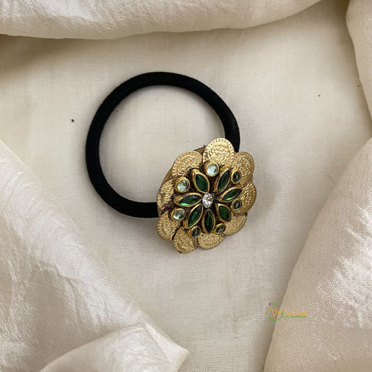 Premium Olive & Dark Green Floral Kundan Pendant Rubber Band-H737
