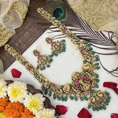 Vriksham Antique Lakshmi Pendant & Haathi Flower Haram-Green Bead-G19137