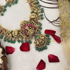 Vriksham Antique Lakshmi Pendant & Haathi Flower Haram-Green Bead-G19137