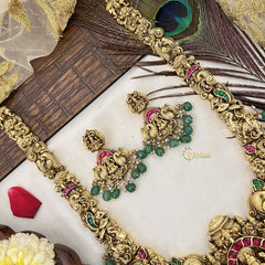 Vriksham Antique Lakshmi Pendant & Haathi Flower Haram-Green Bead-G19137