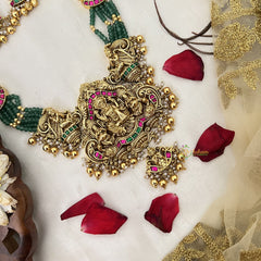 Vriksham Gold Lakshmi Temple With Green Beaded Haram-Gold Bead-G19132