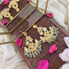 Vriksham Chandbali Floral Dangler-Green-Aqua Green Bead-G18325