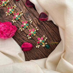 Vriksham Premium Floral Style Kundan Jadau Jad Billai-Red Green & White-Pearls-J4105