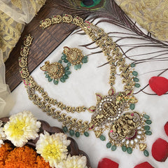 Vriksham Exclusive Lakshmi With Peacock Style Long Neckpiece-Aqua Green Bead-G19141