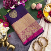 Vriksham Roya Dark Blue & Pink Border With Golden Zari Border Korvai Pure Silk Saree-VS4992