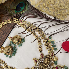 Vriksham Exclusive Lakshmi With Peacock Style Long Neckpiece-Aqua Green Bead-G19141