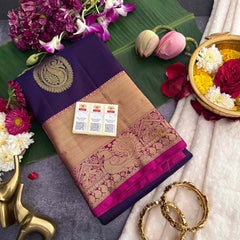 Vriksham Roya Dark Blue & Pink Border With Golden Zari Border Korvai Pure Silk Saree-VS4992