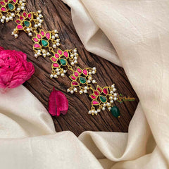 Vriksham Lotus Style Kundan Jadau Jad Billai-Red Green-Pearls-J4103