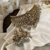 Vriksham Antique Lakshmi High Neck Choker-Aqua Green Bead-G15810