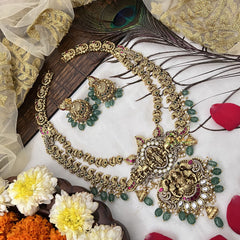 Vriksham Exclusive Lakshmi With Peacock Style Long Neckpiece-Aqua Green Bead-G19141