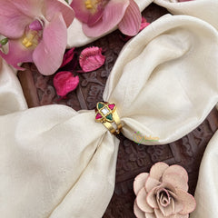 Vriksham Floral Jadau Kundan Finger Ring Red Green stone petals and a white stone in the center-J3677