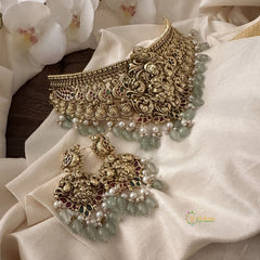Vriksham Antique Lakshmi High Neck Choker-Aqua Green Bead-G15810
