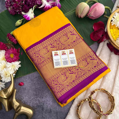 Vriksham Amber Yellow Shade With Maroon Gold Zari Korvai Pure Silk Saree-VS4979