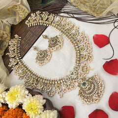 Vriksham Designer Peacock Style Guttapusalu Long Neckpiece-White-Pearl-G19157