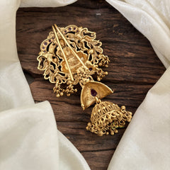 Premium Lakshmi Single Jada Billai with Jhumkas-Temple Bun Billai - Red Green -G10386