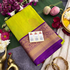 Vriksham Parrot Green Shade With Purple Gold Zari Korvai Pure Silk Saree-VS4982