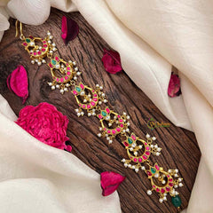 Vriksham Classic Half Moon With Lotus Style Kundan Jadau Jad Billai-Red Green-Pearls-J4104