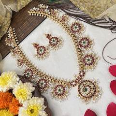 Vriksham Elegant Round Floral Style Guttapusalu Long Neckpiece-Rice Pearl-G19158