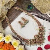 Vriksham Traditional Gold Lakshmi Temple With Floral Haram-Red Green-Aqua Green Bead-G19135