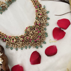 Vriksham Traditional Gold Lakshmi Temple With Floral Haram-Red Green-Aqua Green Bead-G19135