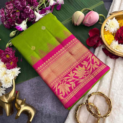 Vriksham Parrot Green & Dual Blue Pink Border With Golden Zari Border Pure Silk Saree-VS4997