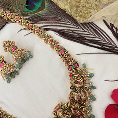 Vriksham Traditional Gold Lakshmi Temple With Floral Haram-Red Green-Aqua Green Bead-G19135