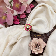 Vriksham Flower Shape Kundan Jadau Adjustable Finger Ring-Red White-J3683