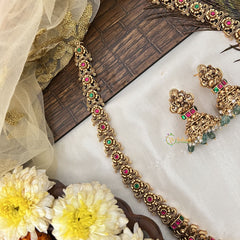 Vriksham Traditional Gold Lakshmi Temple With Floral Haram-Red Green-Aqua Green Bead-G19135