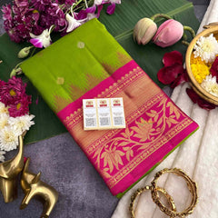 Vriksham Parrot Green & Dual Blue Pink Border With Golden Zari Border Pure Silk Saree-VS4997