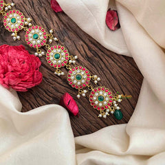 Vriksham Floral 6 Round Style Kundan Jadau Jad Billai-Red Green& White-Pearls-J4102