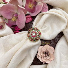 Vriksham Designer Floral Jadau Kundan Finger Ring-Red Green & White-J3415