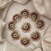 Vriksham Half Moon Style Pearls Motif Floral Jada Billai-Green Bead & White-G21482