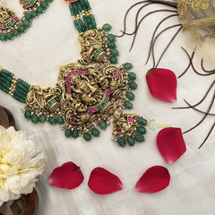 Vriksham Gold Lakshmi Temple With Green Beaded Haram-Green Bead-G19133