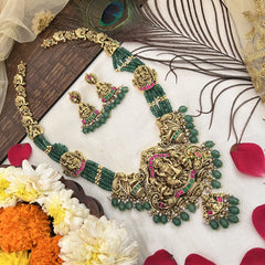 Vriksham Gold Lakshmi Temple With Green Beaded Haram-Green Bead-G19133