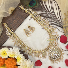 Vriksham Designer Dual Peacock Style Guttapusalu Long Neckpiece-White-Rice Pearl-G19162